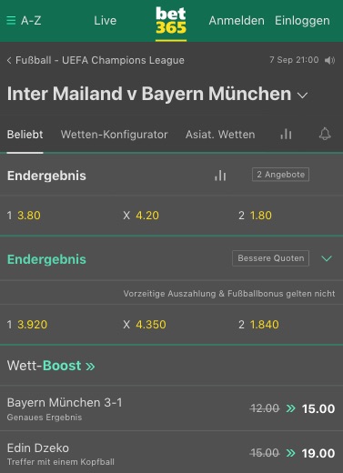 Erhöhte Quoten zu Inter vs Bayern bei bet365