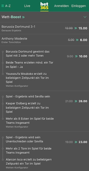 Dortmund vs Sevilla Topquoten bei bet365