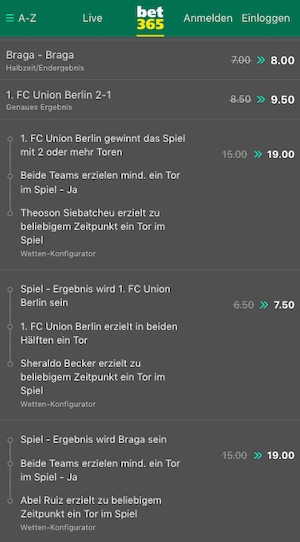 Union Berlin Sporting Braga Quoten bet365