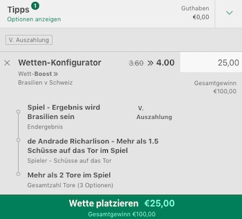 Brasilien vs Schweiz Quotenboost bet365