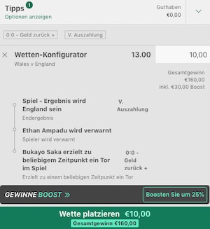 Wales vs England Gewinn Boost bet365