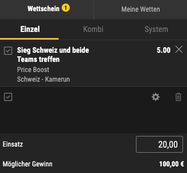 Schweiz vs Kamerun Quotenboost bwin