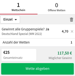 Deutschland gewinnt alle Gruppenspiele Wette