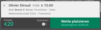 Bet365 WM Torschützenkönig Wette giroud