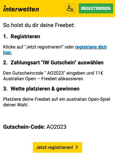 Interwetten Freebet zu den Australian Open 2023