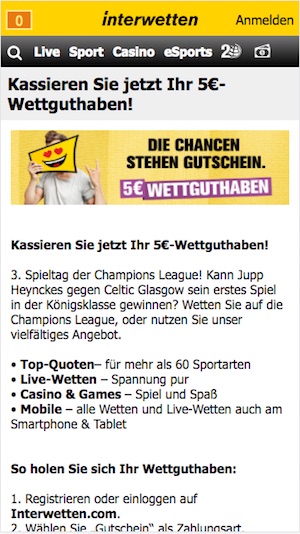 Interwetten Freebet zur Champions Legue und Europa League