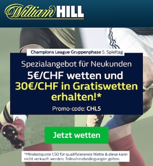 William Hill Neukunden Promo CHL5 Gratiswetten Mobil
