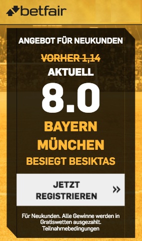 Betfair Quotenboost für Bayern vs. Besiktas