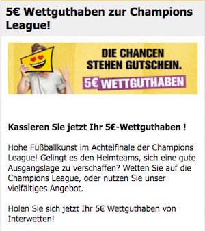 5 Euro Freebet bei Interwetten zur CL