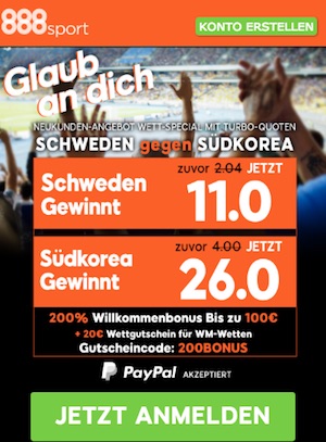 888sport Quotenboost zu Schweden gegen Südkorea