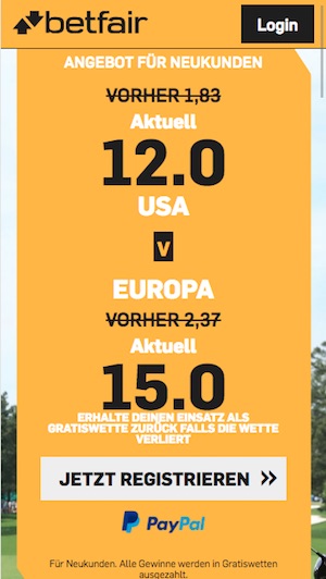 Betfair Quotenboost zum Ryder Cup 2018
