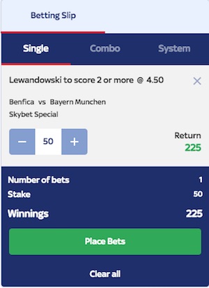 Wettschein bei Skybet zu Benfica gegen Bayern