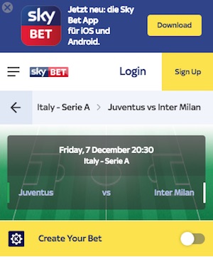 Skybet erhöhte Quote Juventus - Inter Mailand, 07.12.18