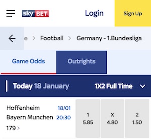 skybet erhöhte quote hoffenheim - bayern, 18.01.19